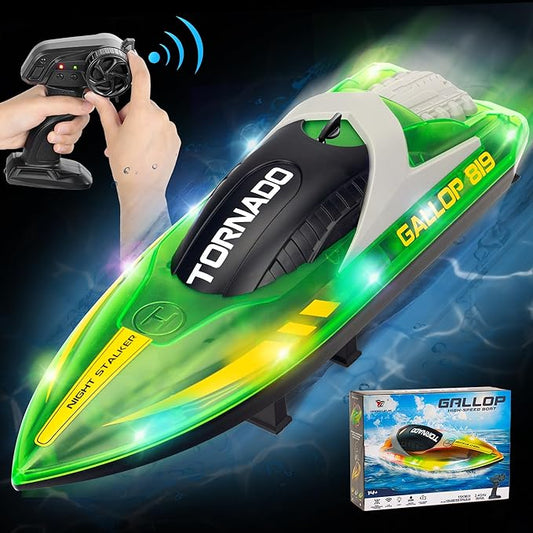 Remote Control Boats for 8-12, 15+ MPH Fast RC Boat with LED Lights, 2.4G RC Electric Speed Boats Pool and Lakes Toys for Kids