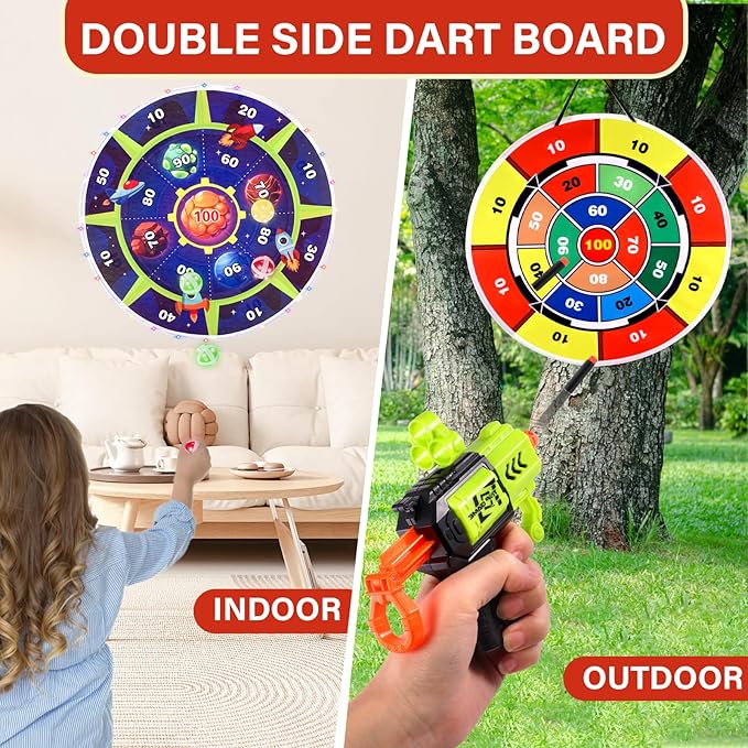 Double-Sided Light Up Dart Board Shooting Game for Kids, 29 Inches Standing & Hanging Toy Set with 2 Toy Guns 20 Soft Foam Bullets 6 Sticky Balls, Indoor Outdoor Games Fun for 3-5 Year Old Boys Girls