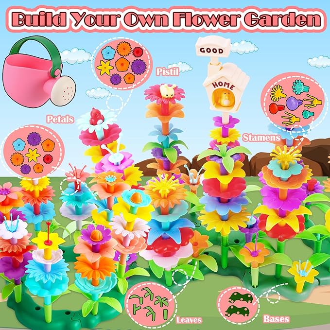 FUNZBO 138pcs Flower Garden Building Set - Easter Spring Toys for 3 4 5 6 7 Years Old Girl, Sorting & Stacking Building Block, STEM Montessori Educational Toy for Kid Toddler Birthday Gift
