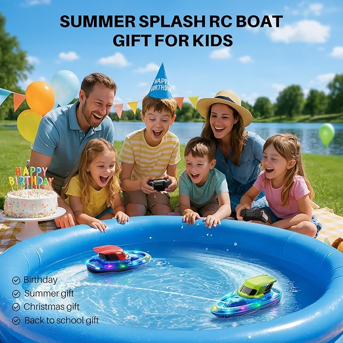 SYMA 2 Pack RC Boats for Kids 8-12, Remote Control Racing Boat Set for Pool with LED Lights,40 Mins Playtime(2 Batteries) and One-Key Water Spay, Summer Gifts Toys for Boys and Girls