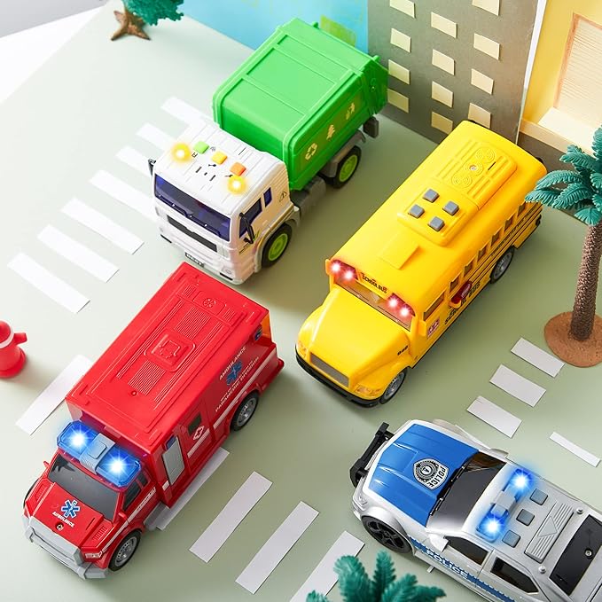 JOYIN 4 Pcs 7" Long Vehicle Toy Set, Toddlers Cars with Lights and Siren Sound, Including Play Police Car, School Bus, Garbage Truck, Ambulance, Birthday Party Gifts Toys for Boys 3-5