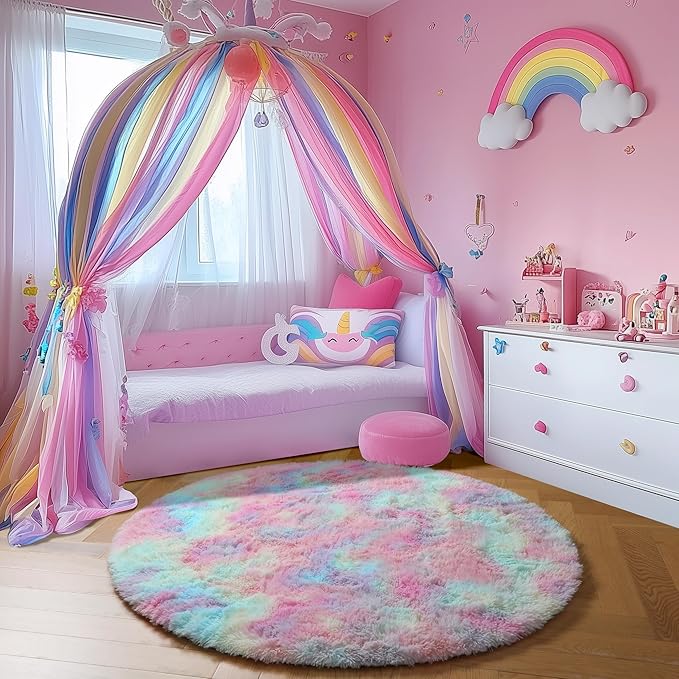 Amdrebio Rainbow Fluffy Round Rug 7Ft Kids Rugs for Girls Bedroom, Unicorn Room Decor, Colorful Pastel Big Large Carpet for Baby Nursery Playroom, Cute Shaggy Kawaii Circle Area Rug for Teen Princess