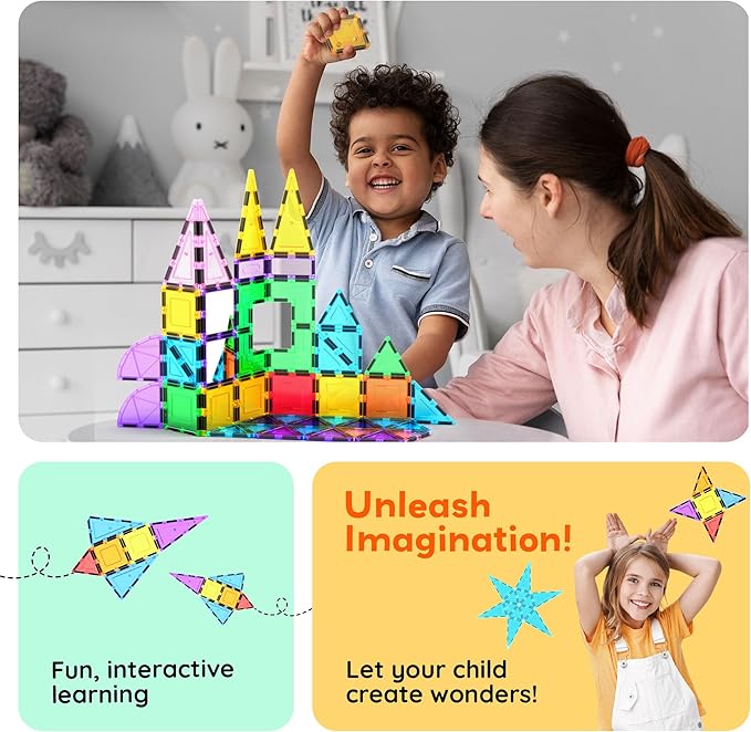 PicassoTiles 152PC Magnetic Tiles Mirror Theme Building Blocks Magnet Toys Construction Sensory Toy Set with Car for STEM Educational Playset Kid Brain Development Gifts for Kids Toddler Age3+ PT152