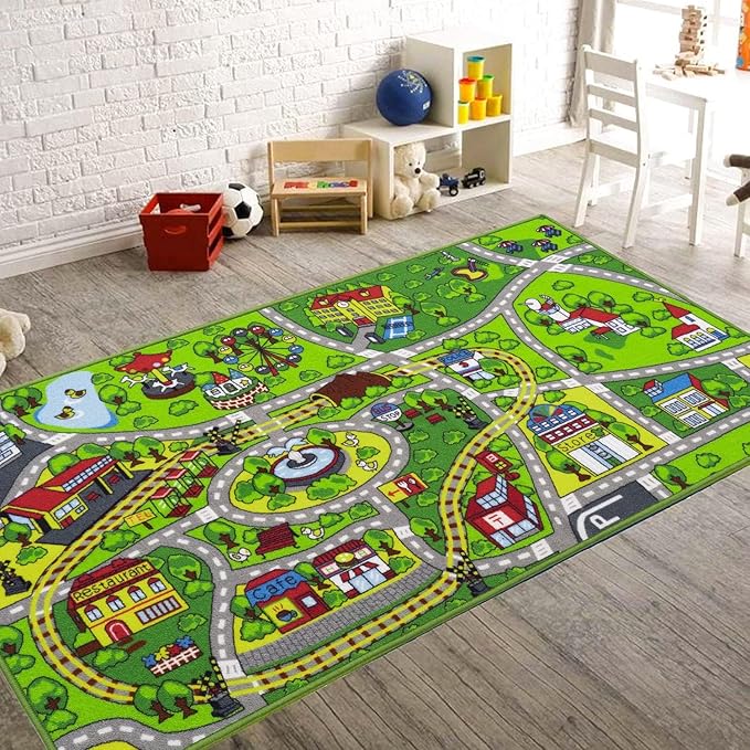 Booooom Jackson Kids' Train & City Rug - Non-Slip, Washable, Race Car Track Play Mat for Boys & Girls
