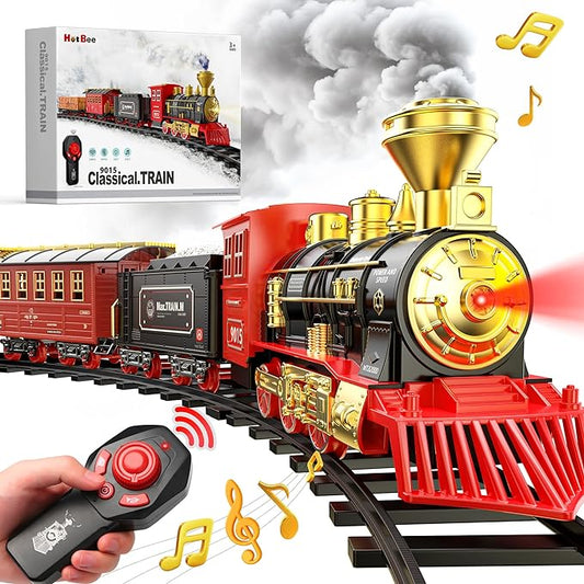 Hot Bee Train Set - Train Toys for Boys with Smokes, Lights and Sound, Toy Train Set for Under Christmas Tree, Toddler Model Trains for 3 4 5 6 7 8+ Years Old Kids Christmas Toys Gifts