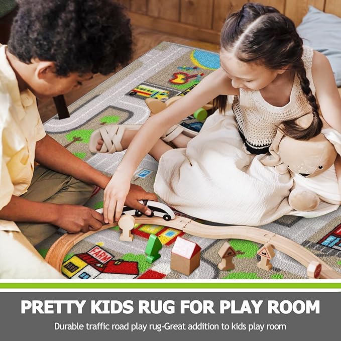 Capslpad Tan Car Road Kid Rug Carpet Playmat for Playoom Traffic Road Kids Play Mat for Toddler Non Slip Washable City Map Race Track Carpet Rug for Kids Room Bedroom Nursery Room Decor,5.2'x3.3'