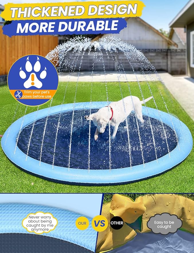 87inch Dog Splash Pad Non-Slip Large, Pet Dogs Cool Sprinkler Pool Heavy Duty XL Splash Pads for Kiddie Baby Wading Pool Summer Outdoor Play Water Fun Toy Gift Easy to Use/Clean