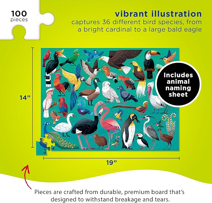 Crocodile Creek 100-Piece Jigsaw Puzzle for Kids Ages 5 and Up - Fun and Educational Table or Floor Puzzles - Storage Canister with Handle - Birds - 14” x 19” Finished