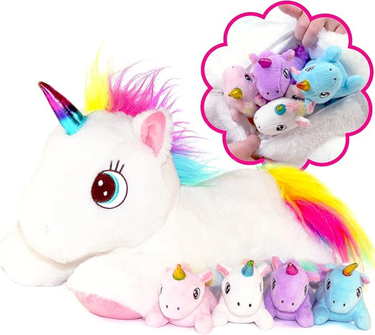 DreamsBe Unicorn Stuffed Animal with Mommy and 4 Baby Unicorns for Girls - Plush Mom Stuffie with Pocket for Babies in Her Tummy - Unicorn Gift for Girls Ages 3 4 5 6 7 8 9 Years