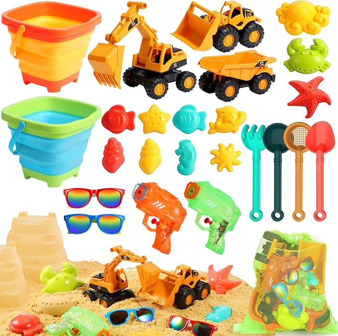 Beach Toys for Kids, Sand Toys with 2 Collapsible Beach Bucket,3 Dump Truck,2 Sunglasses,Ocean Molds,Sandbox Shovel,2 Mesh Bag Sand Castle Building Kit Travel Beach Essentials for Toddler 3-10