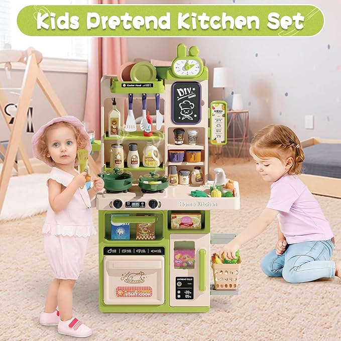 Kids Kitchen Playset Set, 63PCS Pretend Play Kitchen Toys for Toddlers, Cooking Stove with Steam Sound Light, Play Sink with Manual Faucet, Play Food Accessories Gift for Boys, 33’’H Green