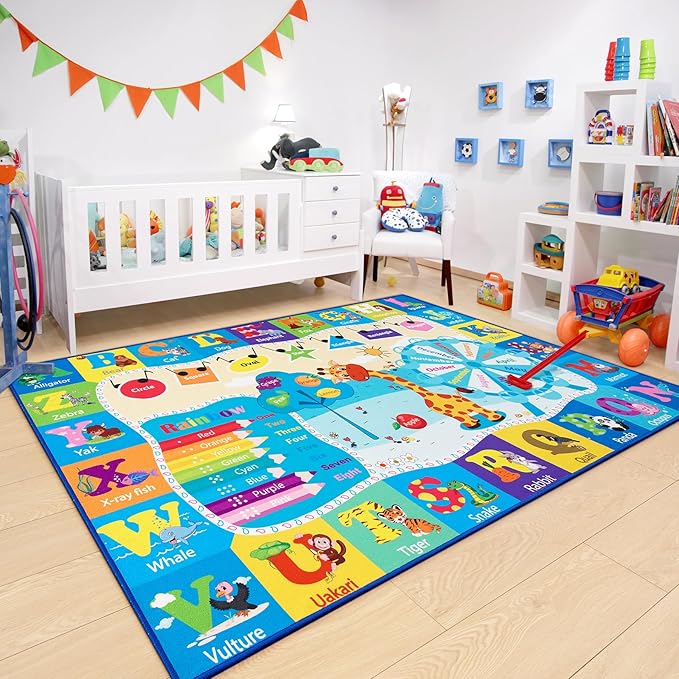 Chicrug Educational Kid Area Rug for Playroom, 7x10 Feet TPR Non Slip Kids Classroom Carpet Rug for Learning ABC Animal,Shape Color Fruit, Washable Play Mat Rug for Children Nursery Toddler Room Decor