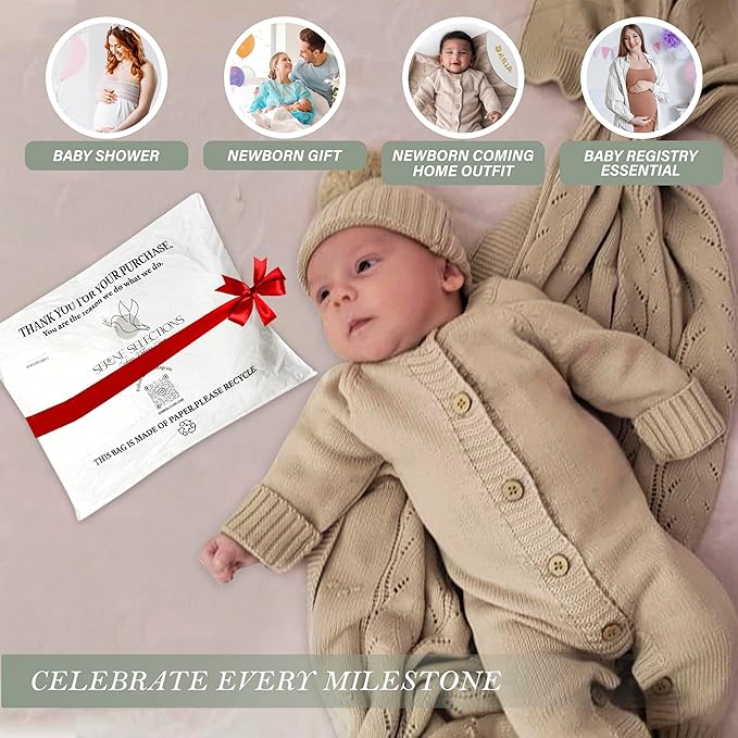 Knitted Newborn Gift Set – 100% Organic Cotton Baby Outfit & Blanket – Soft Coming Home Set (0-3M, 3-6M) – Cozy Infant Romper for Daily Wear & Photoshoot – Ropa para Bebé Recién Nacido