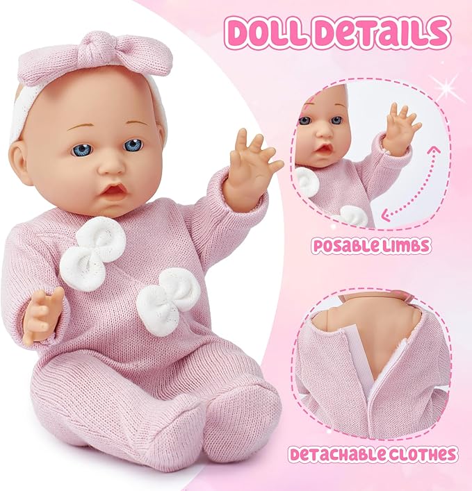 Golray 12" Soft Baby Doll Set with Accessories Bassinet Carrier, 13 Pcs First Toddlers Realistic Baby Doll Crib with Pillow/ Clothes/ Feeding Kit, Pretend Play Toy Birthday Gift for Girls Ages 3 4 5 6