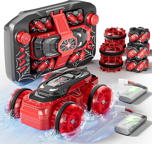 Spider Amphibious Remote Control Car, Waterproof Mini 4WD RC Car Fits Inside Remote, Dual Tires for Land & Water, 360°Spins, 50-Min Runtime W/ 2 Batteries, Boat Toy for Pool Lake Beach, Gift for Kids