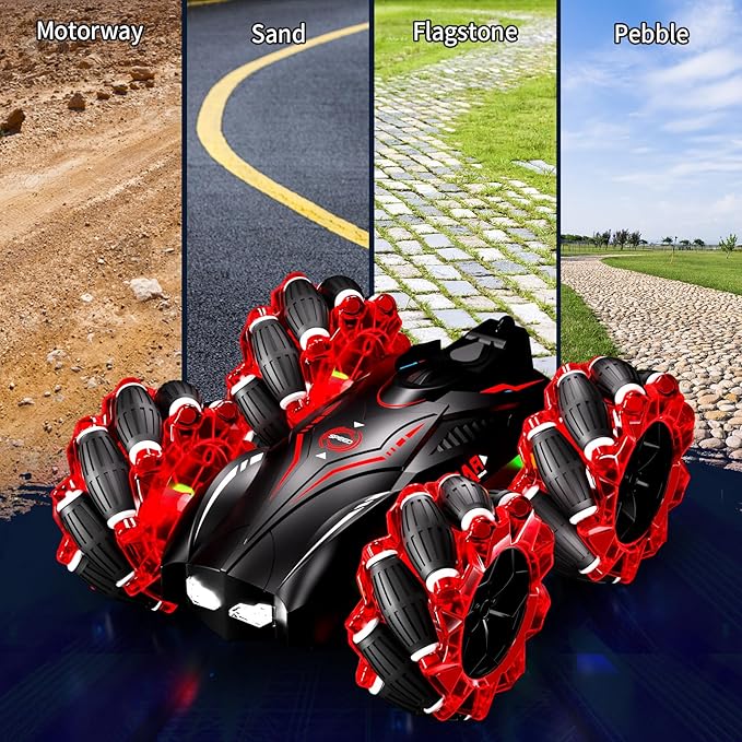 RC Gesture Sensing Stunt Car，2.4GHz 4WD Remote Control Car with Cool Light，Double Sided Rotating Off Road Vehicle 360° Flips Cars for 6-12 Year Old Boys Girls Birthday Presents (Red)