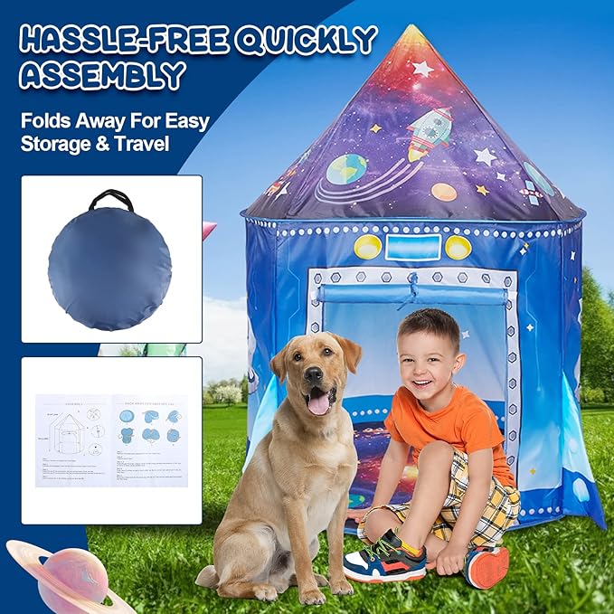 Rocket Ship Kids Tent, Pop Up Play Toy House for Kid, Toddler Tent Large Space Indoor Playhouse. Unique Play Tents for Toddlers Boys & Girls. Best Birthday Gift for 3 4 5 Years Kids Toy
