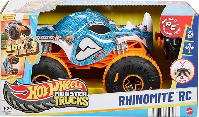 Hot Wheels RC Monster Trucks Rhinomite in 1:24 Scale, Remote-Control Toy Truck, All-Terrain Capabilities with Grip Action Tires, Full-Function RC