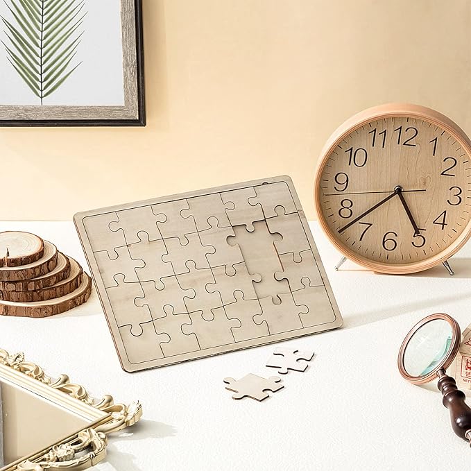 Deekin 30 Sheets Unfinished Wood Blank Puzzles Customizable Blank Wooden Pieces Freeform Things to Paint, Write and Draw On, Wooden Jigsaw Puzzles for Kids DIY Craft, 8.9 x 5.9 Inch