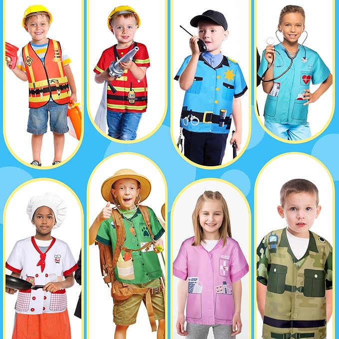 Jiuguva 12 Pcs Kids Role Play Costume Dress up Clothes Cosplay for Kids Community Helper Career Costumes Doctor Construction Workers Fireman Police Career Day Pretend Play