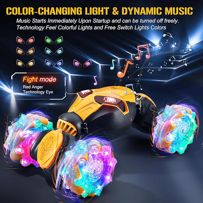 RC Cars Gesture Remote Control Car with Light Music 1:18 for Kids Age 6-12+ Hand Controlled Rc Car 2.4GHz 4WD Rc Stunt Car Gesture Sensing Double Sided Off Road Vehicle Toy Gifts(Yellow,2 Batteries)