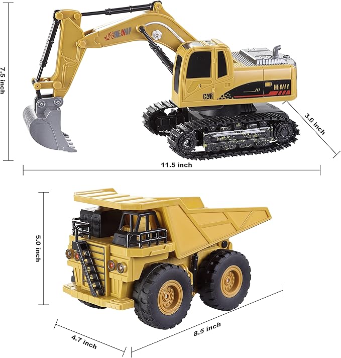JOYIN 2 PCS Remote Control Construction Vehicle Toy Set, Friction-Powered RC Excavator & RC Dump Truck with Lights and Sounds for Imaginative Play, Birthday Gifts for Toddlers Boys Girls
