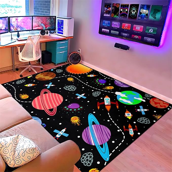 Outer Space Rug for Boys - 2'×3' Galaxy Carpet for Boys Room Cute Cartoon Universe Planet Area Rug Satellite Rockets Kids Baby Polyester Crystal Floor Mat Kids Play Carpet for Children Bedroom