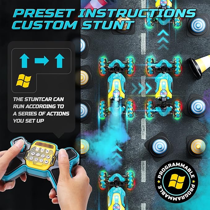 DEERC Gesture Sensing RC Stunt Car with Fog Mist & Music, 4WD Hand Controlled Remote Control Drift Car Toy for Kids, All Terrain Off-Road Double-Sided Driving with Lights, Birthday Gift for boy