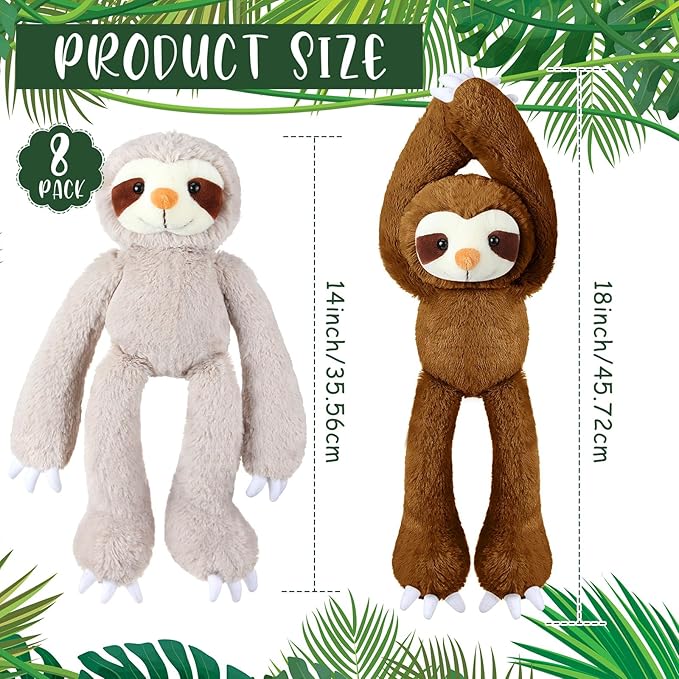 8 Pcs Hanging Sloth Stuffed Animal 18 Inch Three Toed Sloth Plush Toy with Hook and Loop Hands Hanging Sloth Toy for Boy Girl (Dark Brown, Gray)