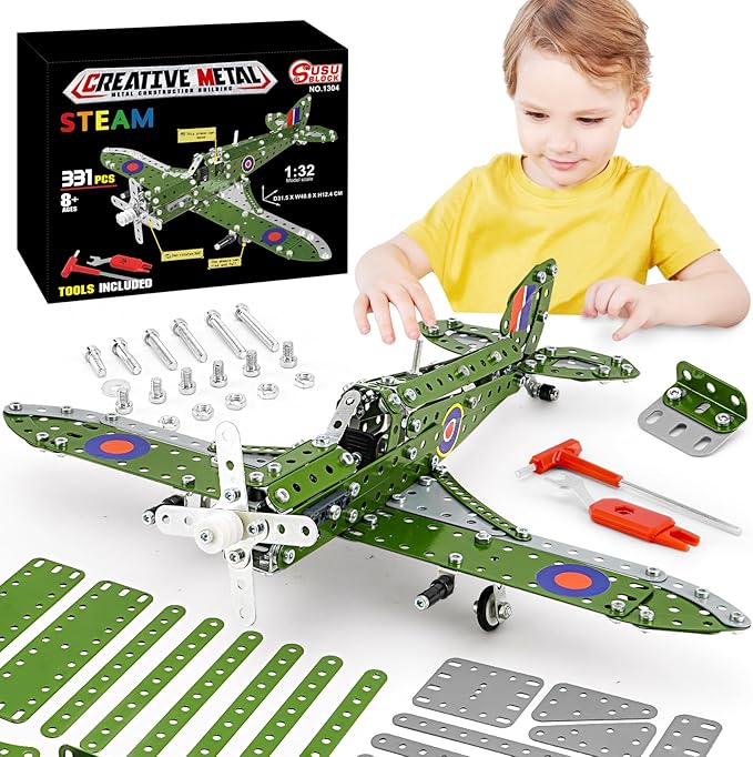 Model Airplane, Erector Set 1:32 Scale Airplane Model Metal Toys, STEM Projects for Kids Ages 8-12, DIY Education Airplane Metal Model Kits