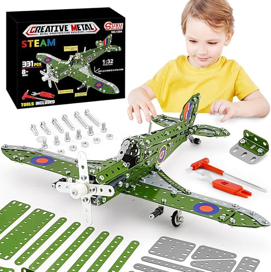 Model Airplane, Erector Set 1:32 Scale Airplane Model Metal Toys, STEM Projects for Kids Ages 8-12, DIY Education Airplane Metal Model Kits