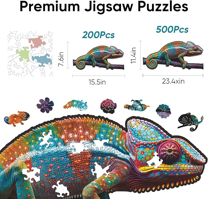 Wooden Puzzles for Adults, Chameleon Jigsaw Puzzles 200 Piece, Unique Shape Puzzles for Adults and Kids, Fun Challenging Puzzles Family Game Gift, Medium Size 15.6 x 7.6 Inches