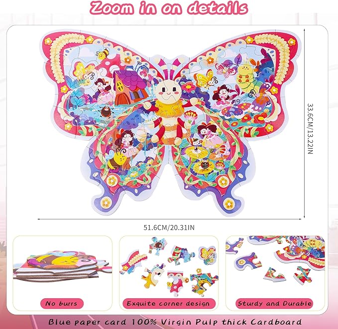 Puzzles for Kids Ages 4-8,52 Piece Unique Large Irregular Animal Shaped Art Puzzle,Floor Puzzles for Kids Ages 3 4 5 6 7 8,Educational Toy Gift Jigsaw Puzzles for Boys Girls (Butterfly Wonderland)