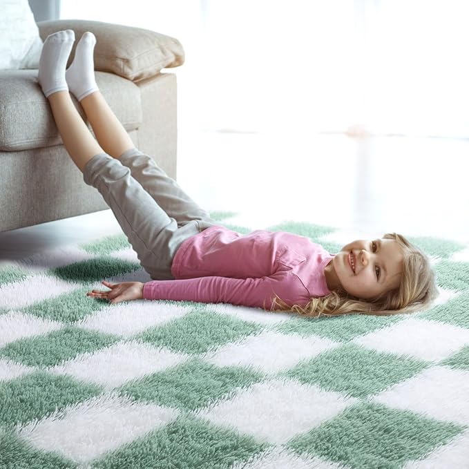 KICMOR Rugs for Bedroom Living Room, 3x5 Fluffy Soft Checkered Shag Area Rug Fuzzy Shaggy Plush Bedside Small Carpet, Sage Green and White Rug for Kids Boys Girls Dorm Nursery Home Decor Aesthetic