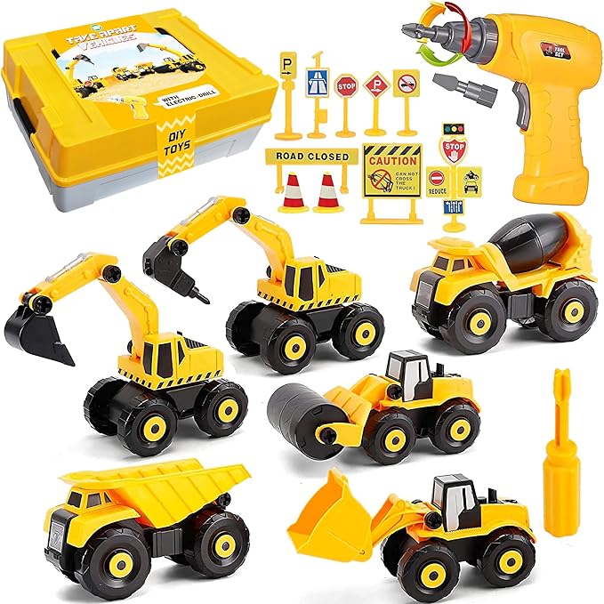 TEUVO Construction Take Apart Toys with Electric Drill, Building Excavator Toy STEM Trucks Vehicle Construction Vehicles for Kids, Educational Learning Gifts for Ages 3+ Boys & Girls