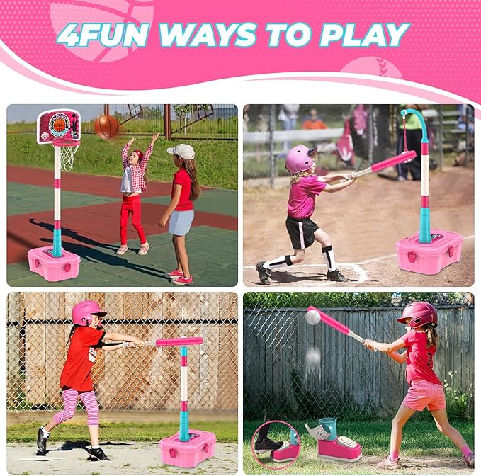 4-in-1 Toddler Basketball Hoops and T-Ball Set, Height Adjustable Kids Basketball Hoops, Baseball Launcher, Indoor/Outdoor Hanging T-Ball Baseball Toys for Boys and Girls Ages 3+(Pink)