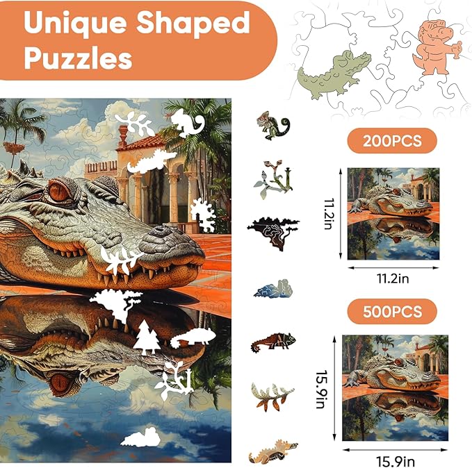 Wooden Puzzles for Adults, Outdoor Alligator Jigsaw Puzzles 500 Pieces, 15.9x15.9in, Unique Shaped Cool Reptile Animal Wood Adult Puzzle, Best Gifts for Adults and Kids Family Game