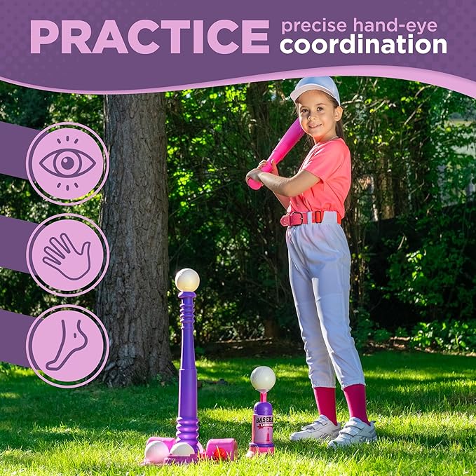 T Ball Stand for Kids and Toddlers 1-3, 3-5, 5-8. Baseball Set Includes 6 Large Balls, an Adjustable Tball Batting Tee, and a Pitching Machine. Kids Bat and T-Ball Set