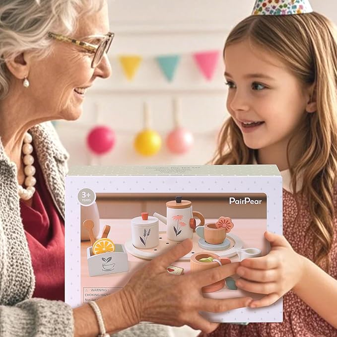PairPear Wooden Tea Set for Toddlers,Wooden Toys Tea Party Set Play Kitchen Accessories for Kids Girls and Boys 3 Years and up,Toddler Princess Tea Time Party Food Toys