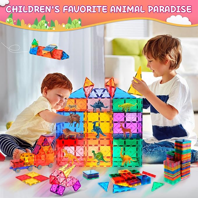 Magnetic Tiles Building Blocks, 108 PCS Magnetic Blocks Buliding Tiles Set, Magnetic Building Blocks with 2 Cars, Preschool Educational Magnetic Toys Stem Toys for Kids 3, 4-8