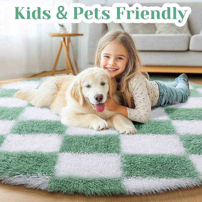 KICMOR Round Rug 4ft for Bedroom, Fluffy Soft Circle Area Rug Cute Small Living Room Carpet, Sage Green and White Fuzzy Shag Shaggy Checkered Circular Rugs for Kids Room Nursery Home Decor Aesthetic