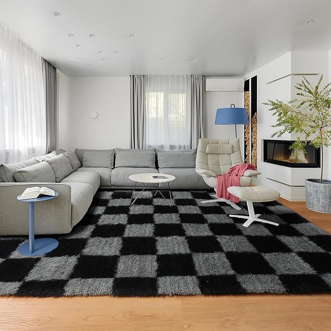 KICMOR Rugs for Living Room 5x7 Black and Grey, Soft Fluffy Checkered Shag Area Rug Furry Shaggy Floor Carpets for Bedroom, Indoor Fuzzy Plush Rug for Teen Kids Boys Girls Room Nursery Home Decor