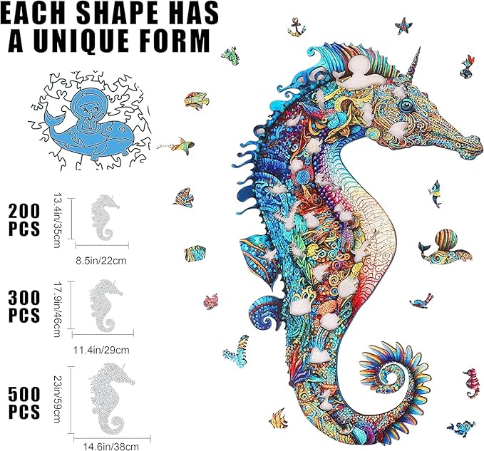 Wooden Jigsaw Puzzles, Unicorn Seahorse Wood Puzzle 200 Pieces, Unique Shaped Wooden Puzzles for Adults and Kids, Family Game 8.5 x 13.4 Inches