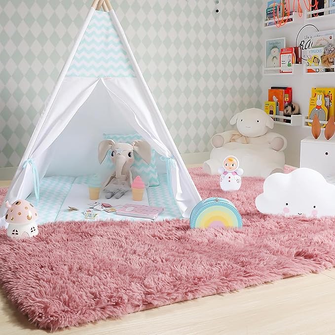 Amdrebio Blush Pink Kids Area Rugs for Girls Bedroom, 5x8 Shaggy Fuzzy Fluffy Kawaii Rugs for Living Room Playroom, Furry Plush Shag Floor Carpet for Nursery Dorm Classroom, Cute Dusty Rose Mauve Rug
