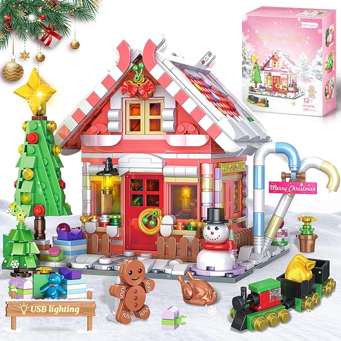 Gingerbread House Building Block Set for Girls 12+ - Pink Christmas Village With LED Lights, Tree, and Train - 1288Pcs for Adults