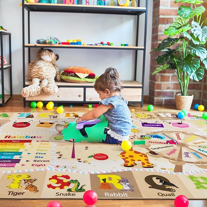 Kids Playroom Rug 4x6 Beige Rugs for Girls Bedroom Child Play Mat Educational and Fun Baby Care Rugs,Learning Rug with ABC Alphabets Animals Shapes No-Slip Carpets for Children Toddler Washable
