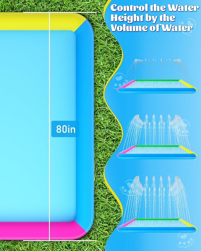 Splash Pad, 107"- 80" Non-Slip Splash Pad for Kids and Dogs, Thickened Durable Square Dog Pool with Sprinkler Summer Outdoor Water Toys for Toddler Girls Boys Children Pet (Colorful)