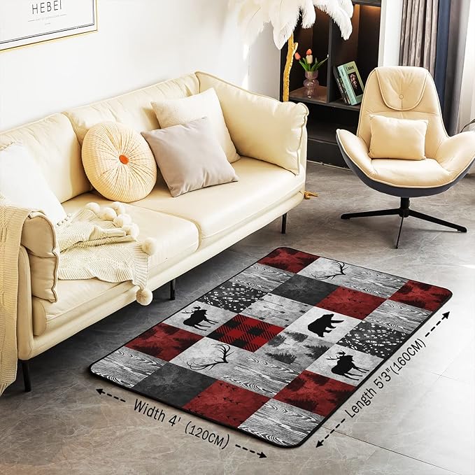 Erosebridal Lodge Deer Area Rug 4x5, Burgundy Buffalo Plaid Check Rug for Kids Boys Girls, Bear Elk Antler Wild Hunting Animal Carpet for Bedside, Merry Christmas Decorative Rug