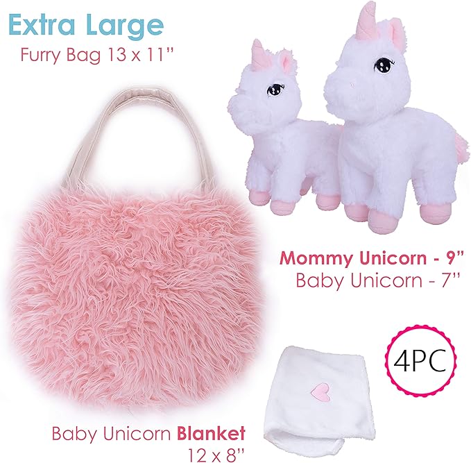 Perfectto Design Unicorn Toy for Girls Age 3-10. 4 PCS Set - Mommy and Baby Stuffed Animals, Bag and a Doll Blanket. Unicorn Gift for 3-8 Year Old Birthdays and Christmas.