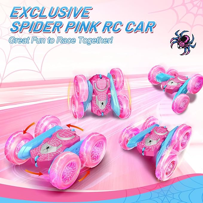 NQD Pink Remote Control Car for Girls, 360° Spin Flip RC Stunt Car with Flashing Wheel Lights 2 Batteries, Double Sided 4WD Off-Road RC Toy Gift for Girls Xmas Birthday